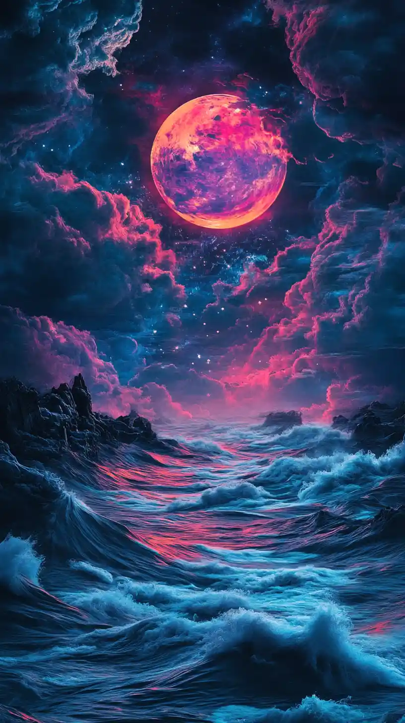 Eagle flying beneath an intense glowing moonlit sky
