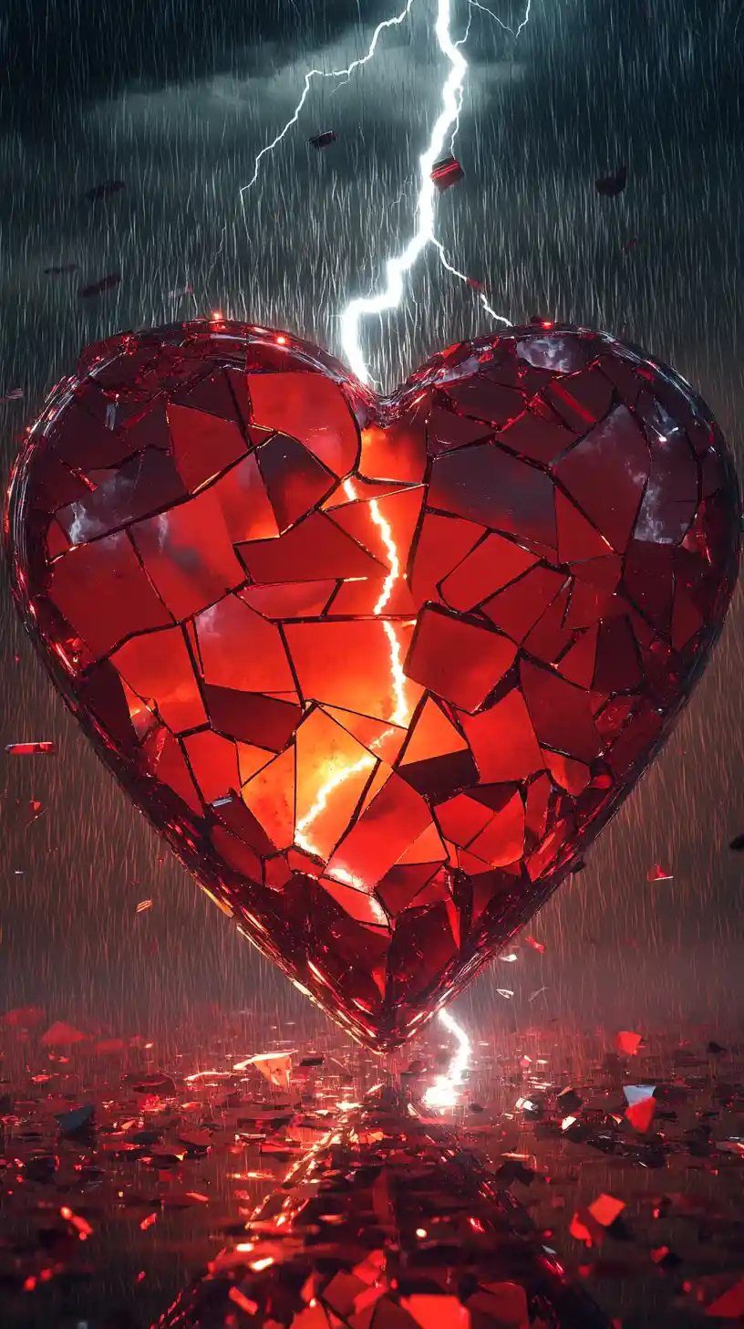 Shattered Red Glass Heart Struck By Lightning In Storm