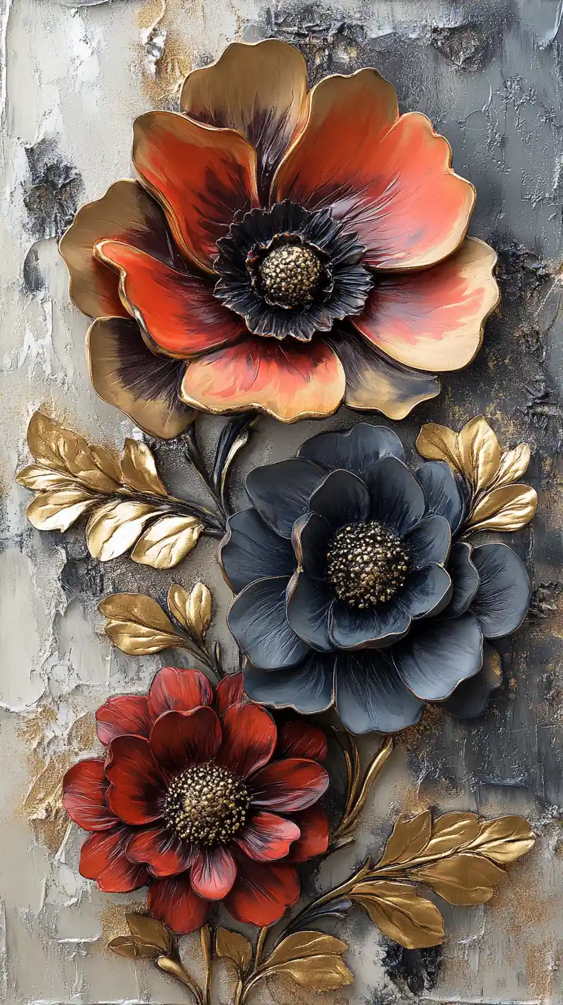 Painterly floral still life with sculpted textured blooms