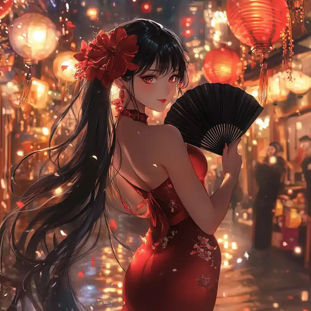 Anime woman in red dress on lantern lit street