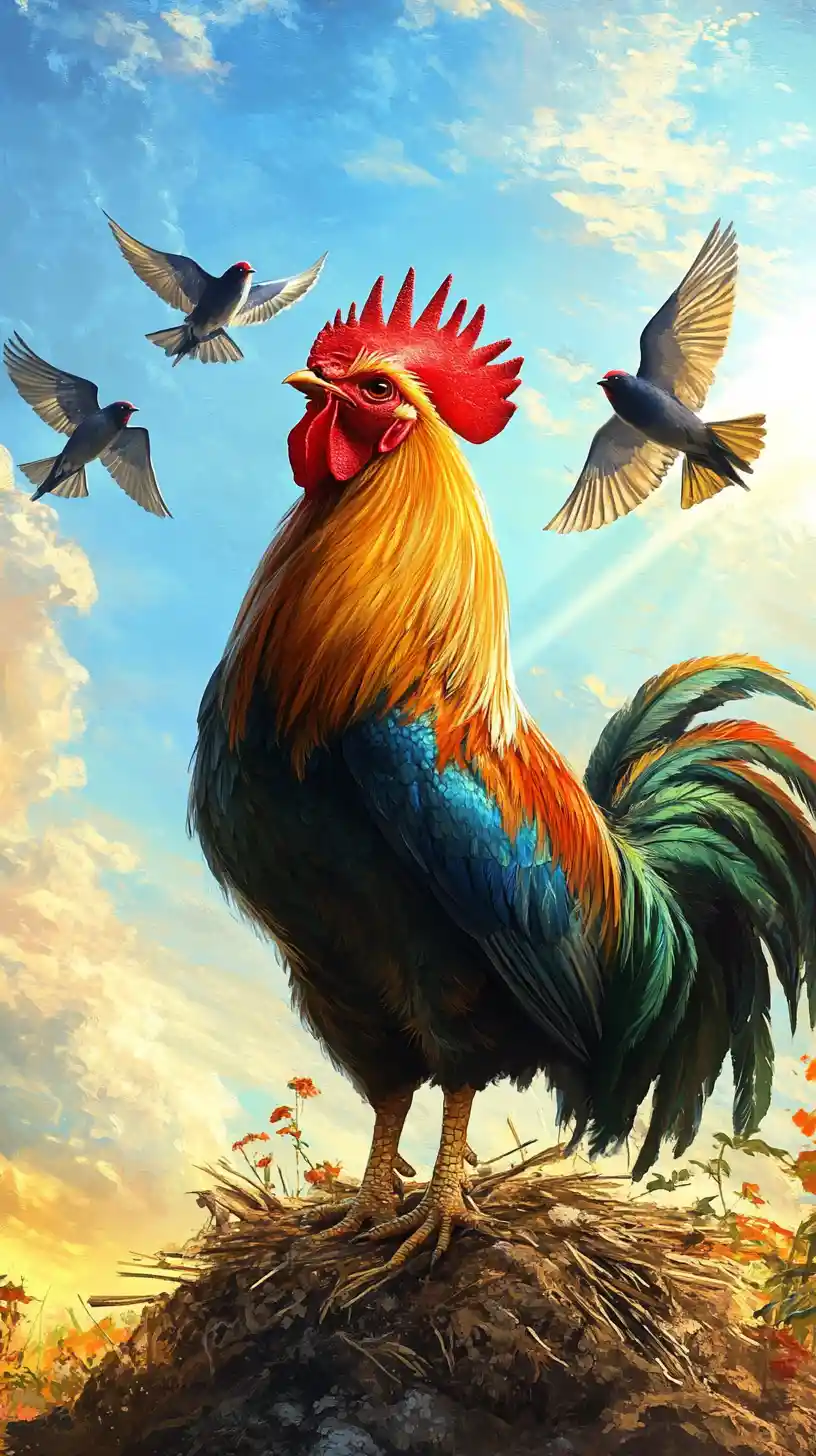 Colorful rooster watching swallows in the bright blue sky