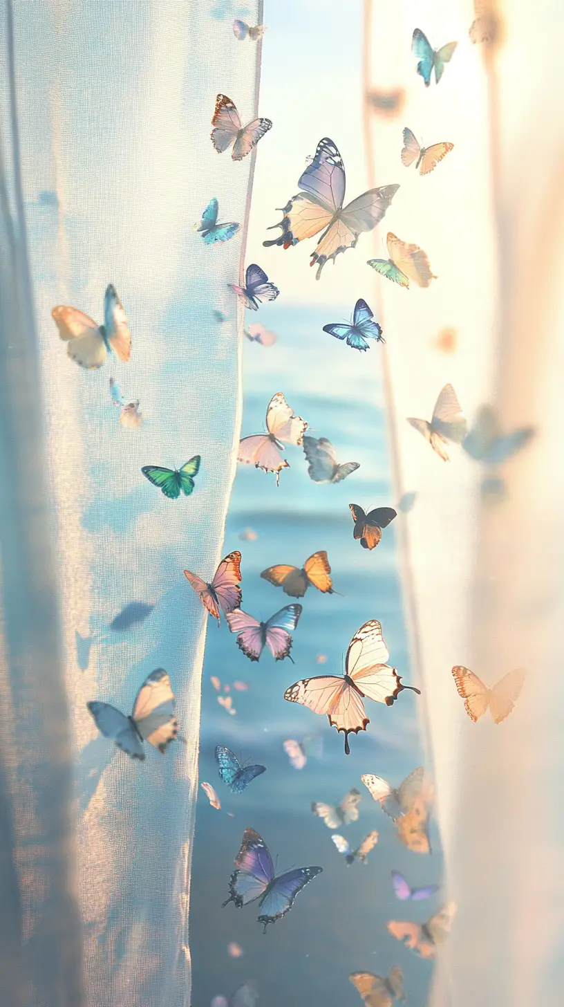 Sunlit ocean view with pastel butterflies and curtains