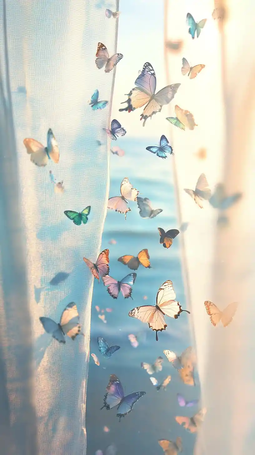 Sunlit ocean view with pastel butterflies and curtains
