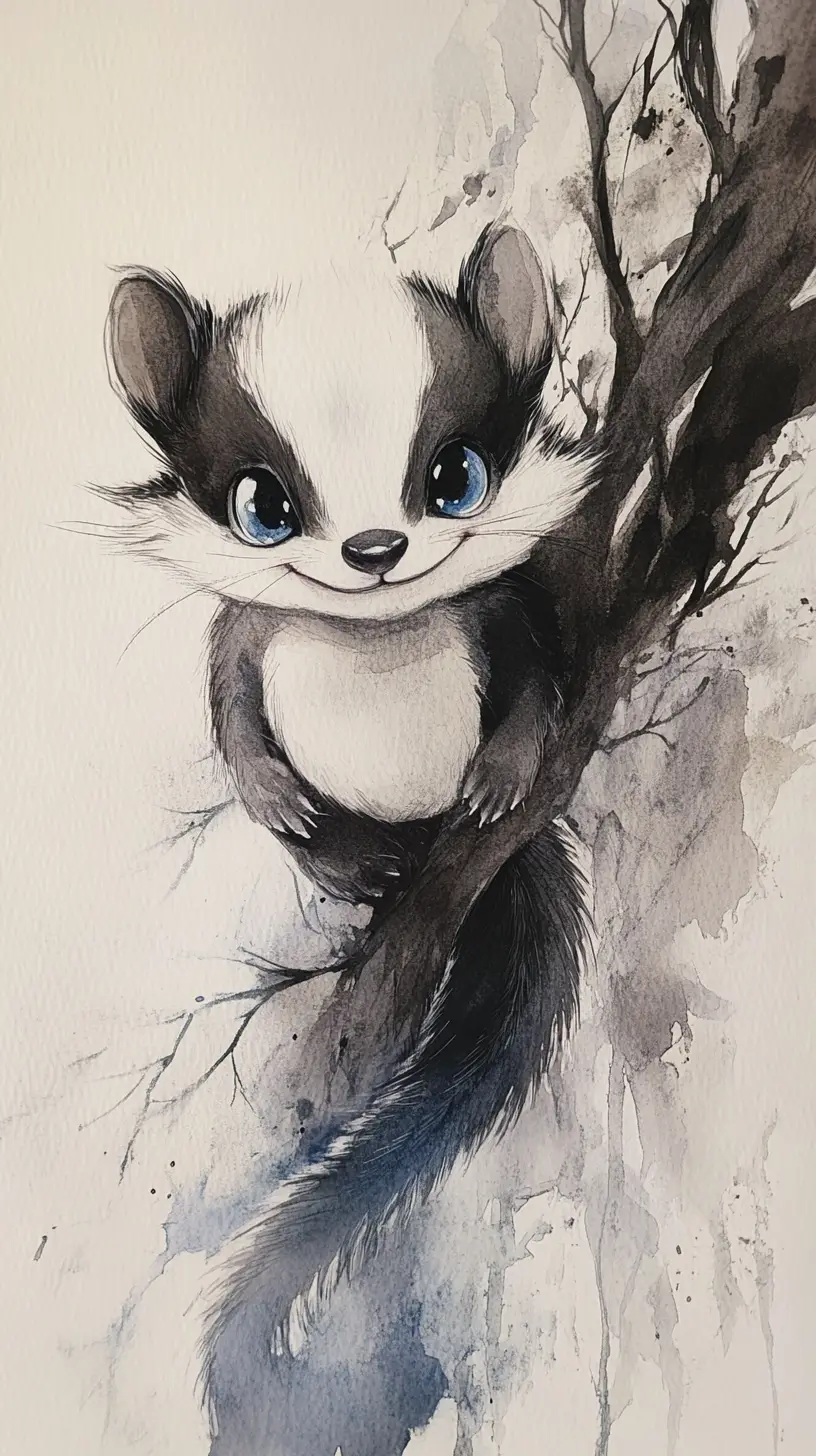 Whimsical Watercolor Skunk With Large Shining Blue Eyes