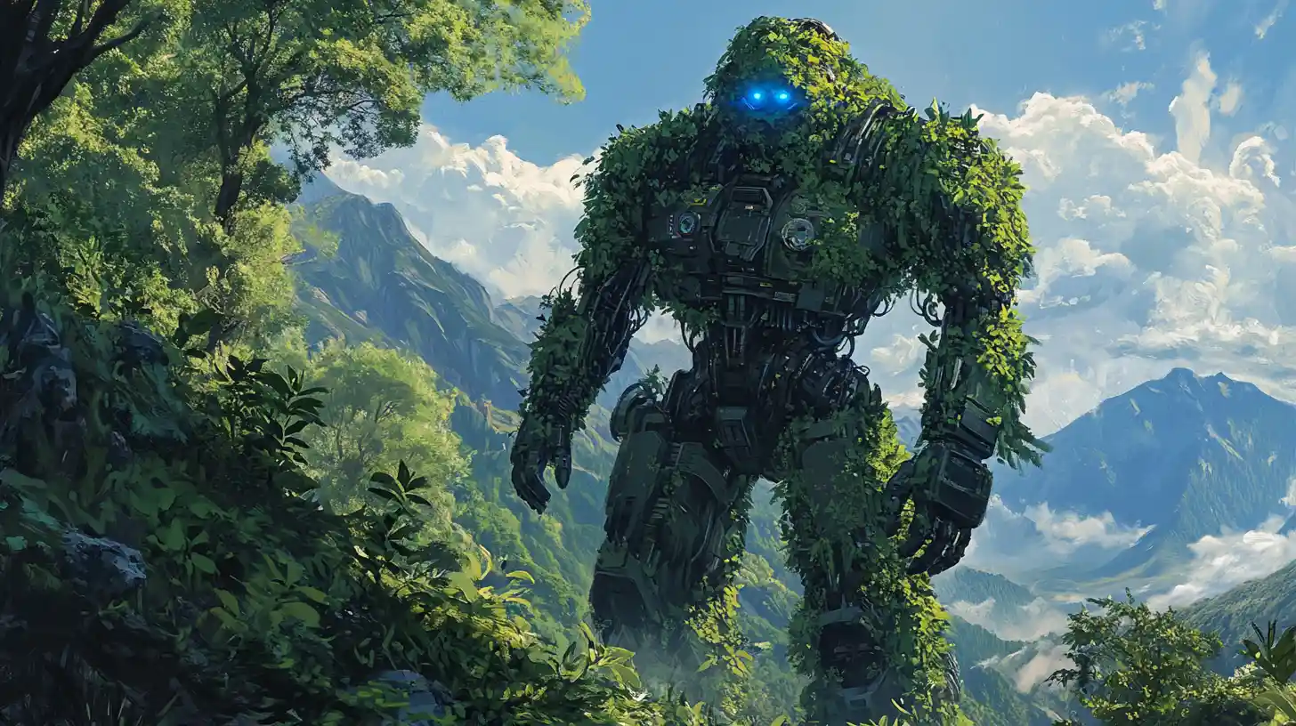 明るい森の中で草木に覆われたヒューマノイドロボット
