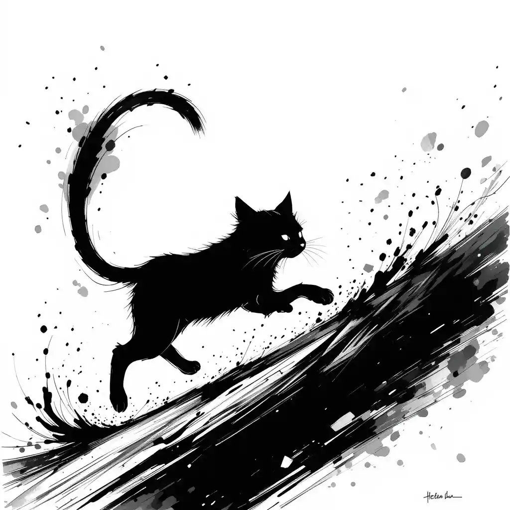 Black ink illustration of a running cat on a slope