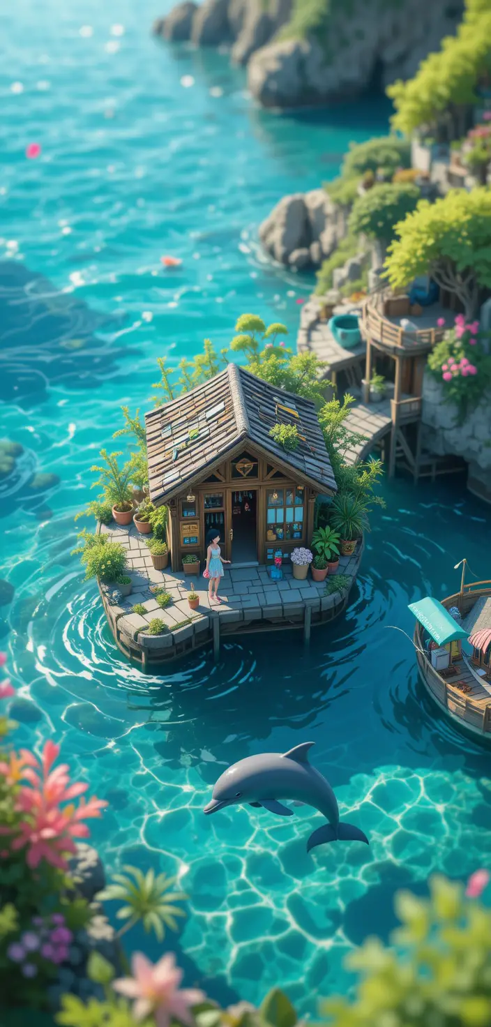 Anime corner shop above clear coastal waters with dolphin