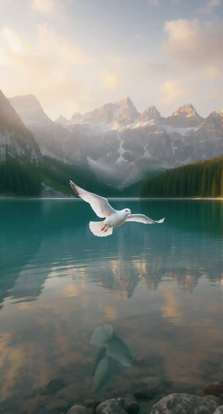 White bird flying above calm mountain lake at sunset
