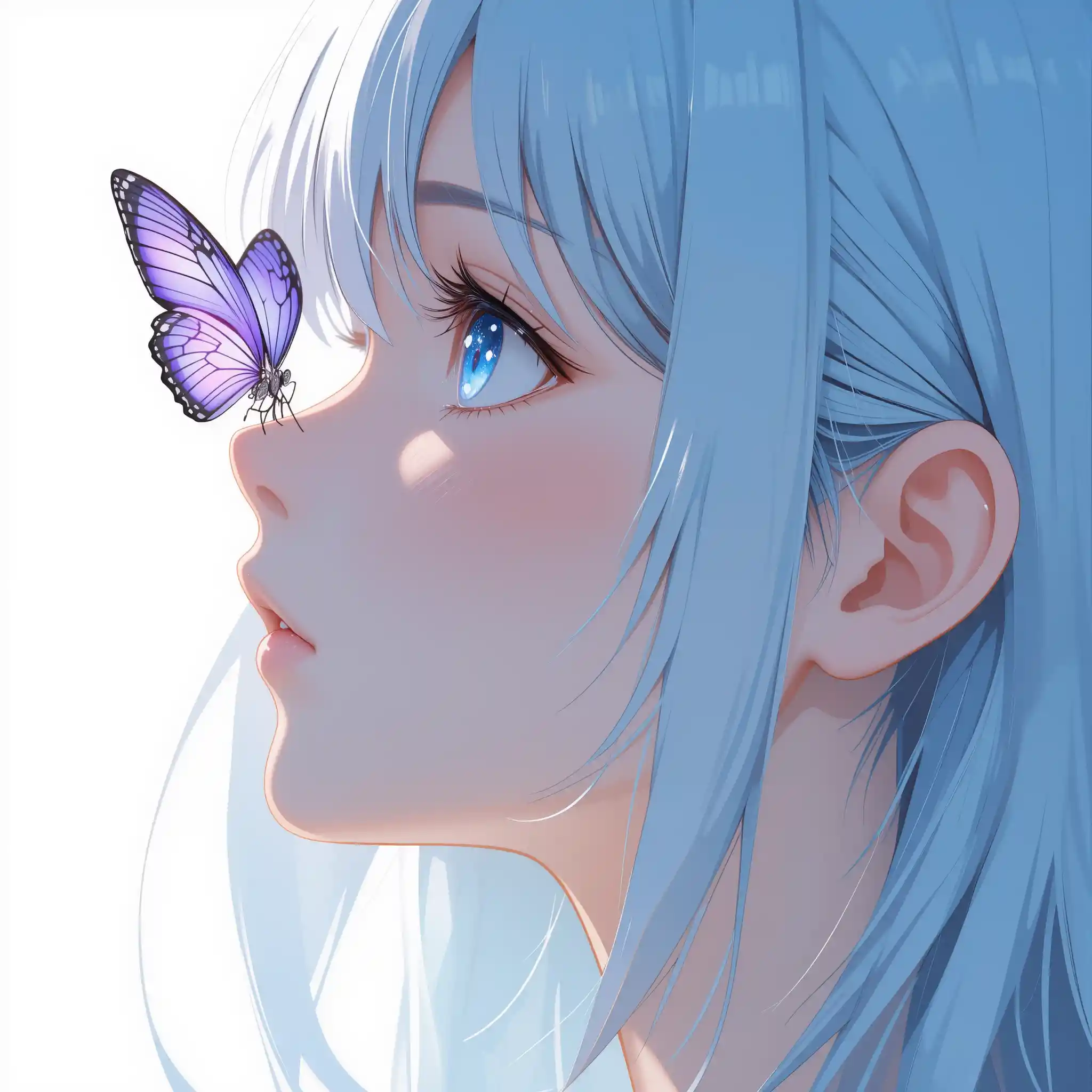 Anime girl in profile with butterfly on her nose