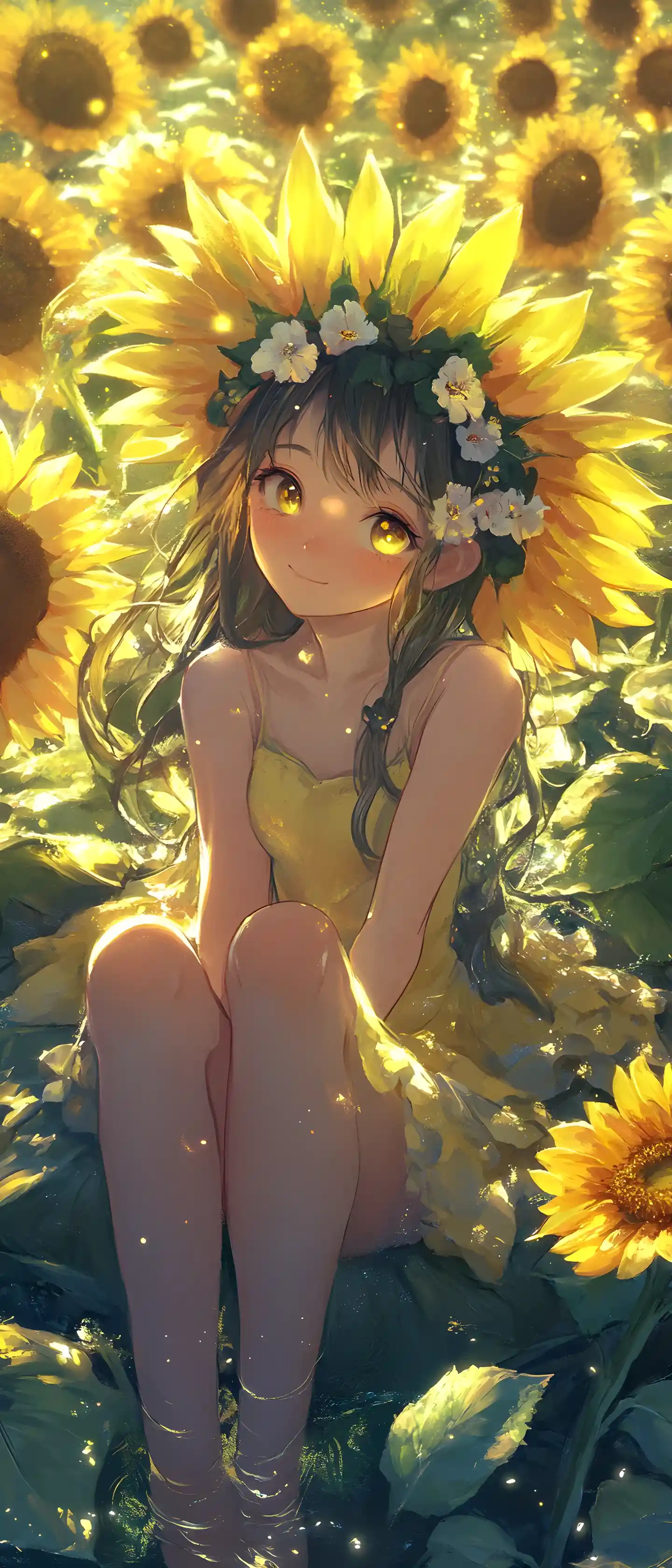 Anime girl on a giant sunflower glowing with light