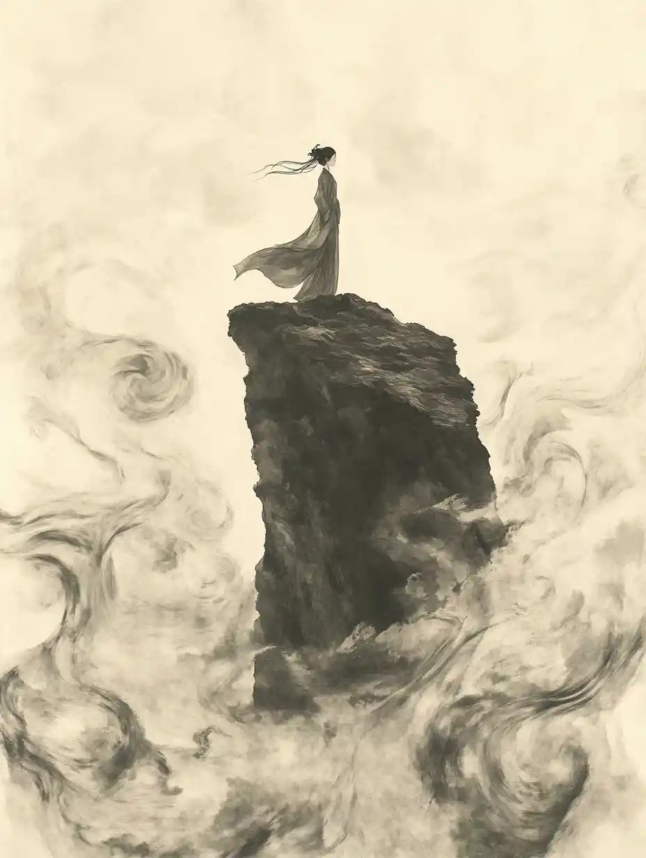 Princesse sur une falaise solitaire au-dessus d’une mer de nuages