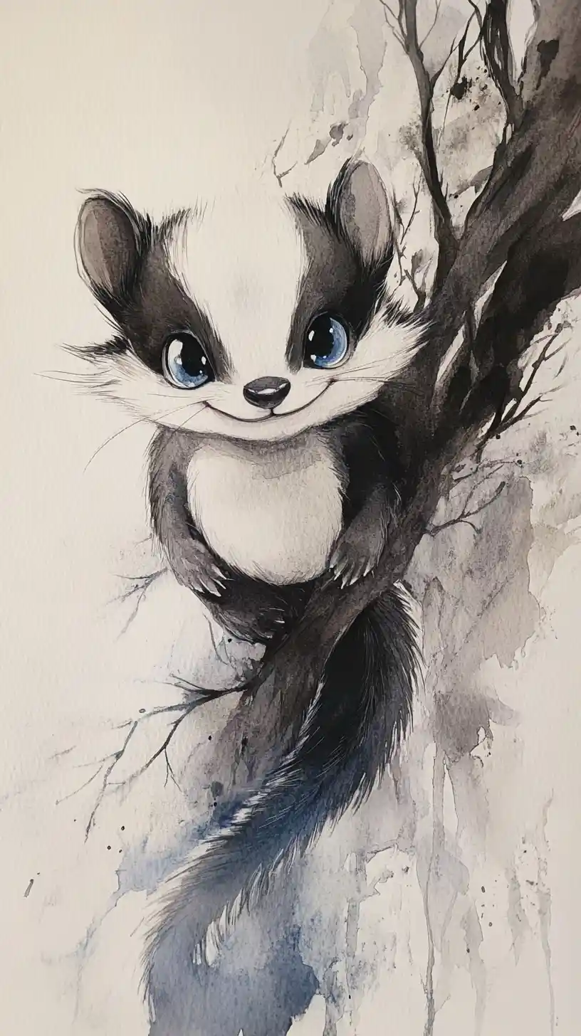 Whimsical Watercolor Skunk With Large Shining Blue Eyes