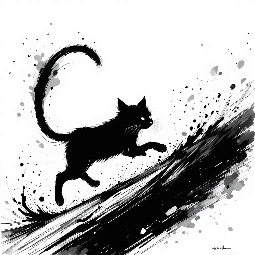 Black ink illustration of a running cat on a slope