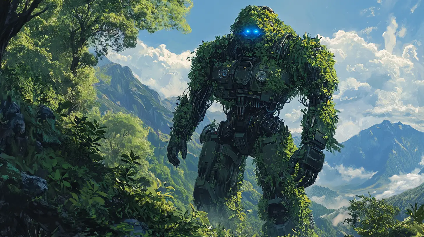 Humanoid robot covered in foliage in a bright forest