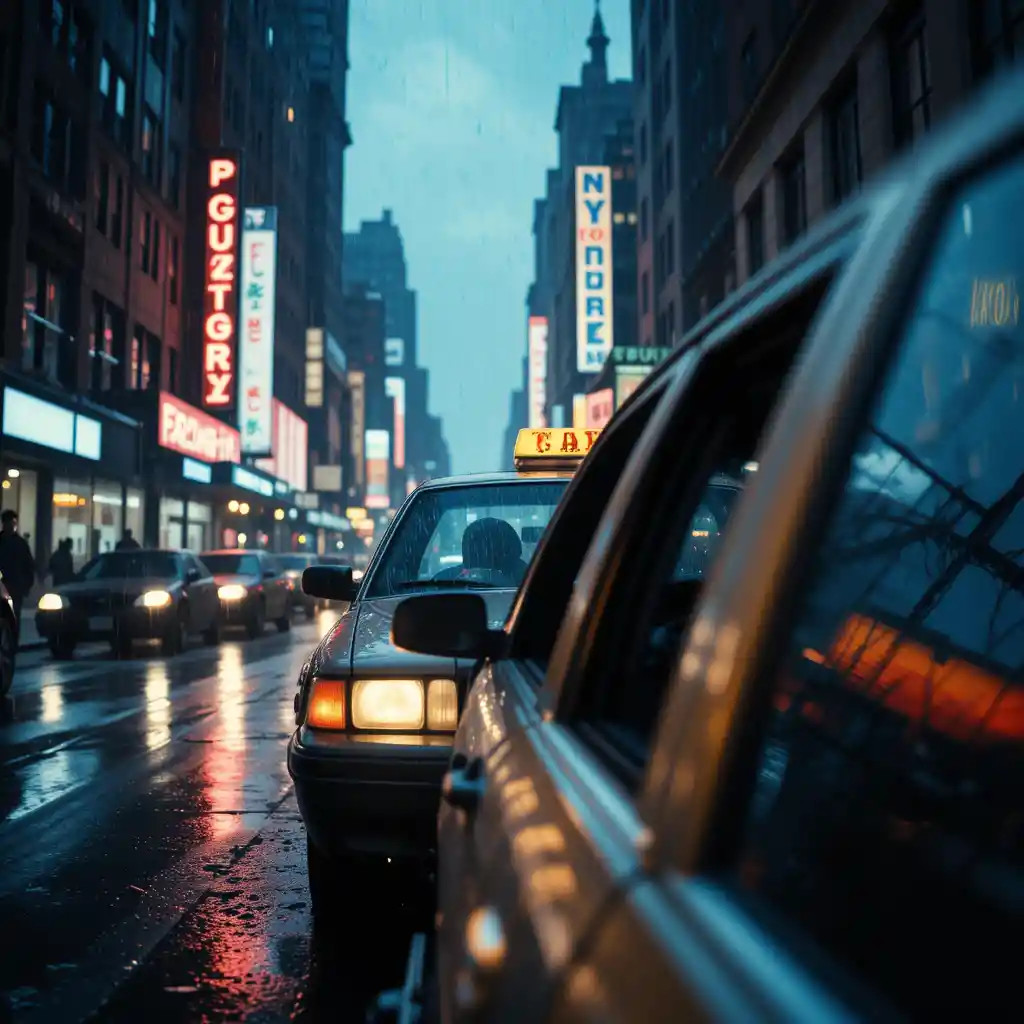 Taxi driver arriving on rainy 1980s new york street