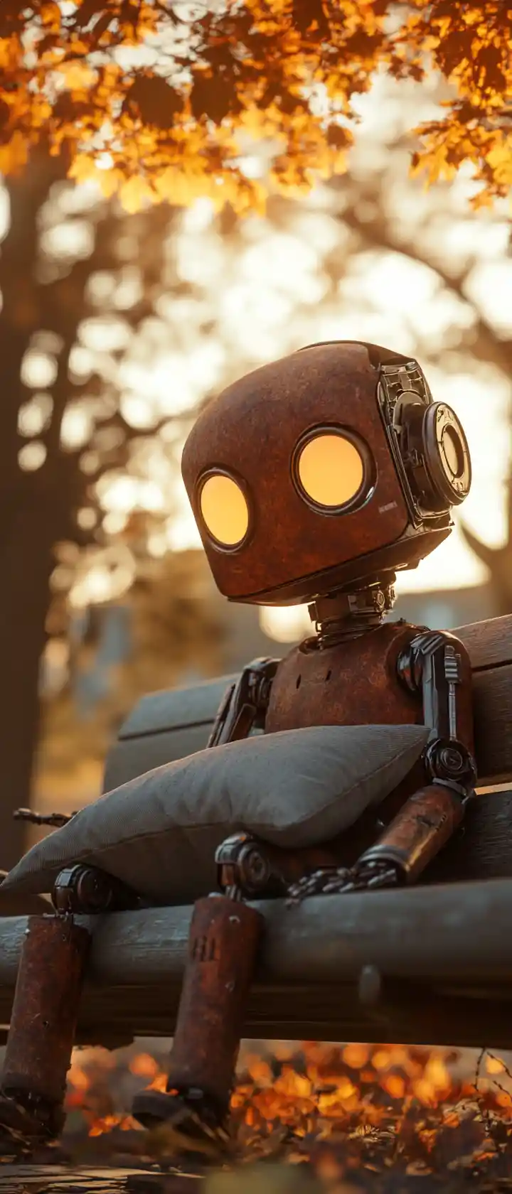 Rusted service robot practicing a gentle hug on bench