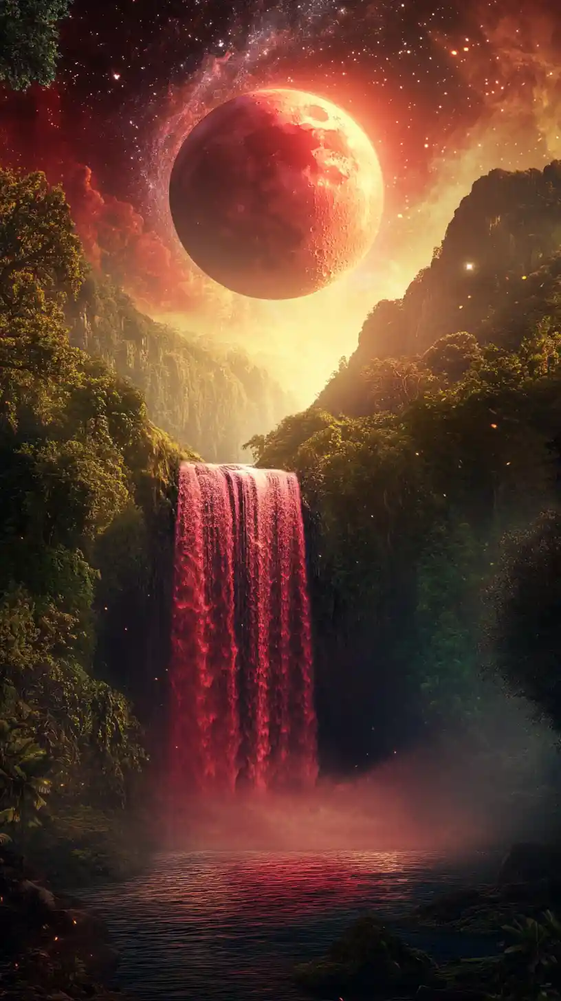 Cascata lunare cremisi surreale su paesaggio fantasy rigoglioso
