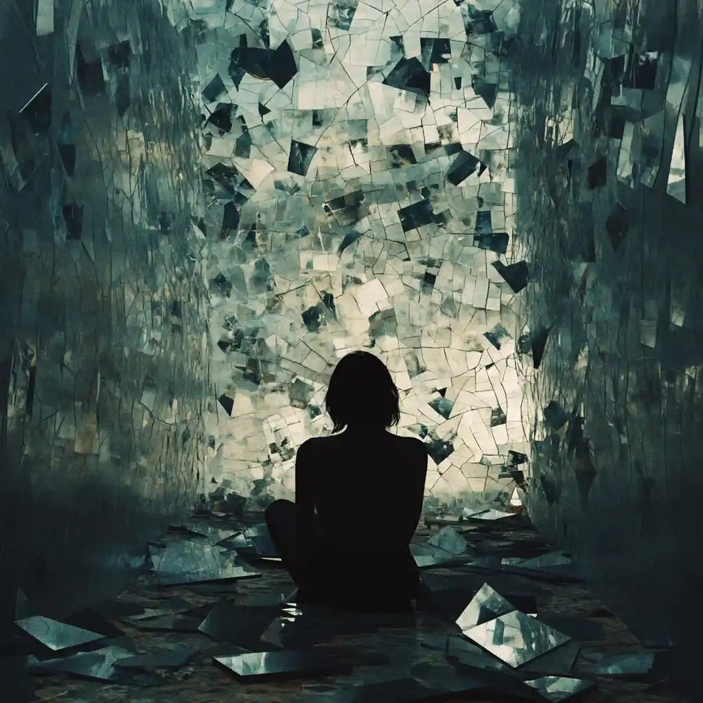 Lonely figure in a dark room of broken mirrors