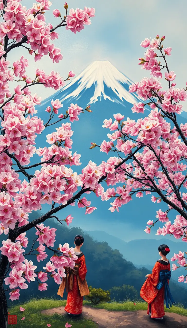 Oil painting of cherry blossoms with distant Mount Fuji