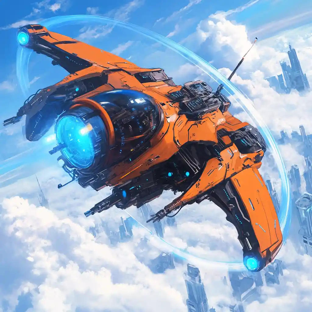 Futuristic Anime Flying Machine Over Bright Blue Sky