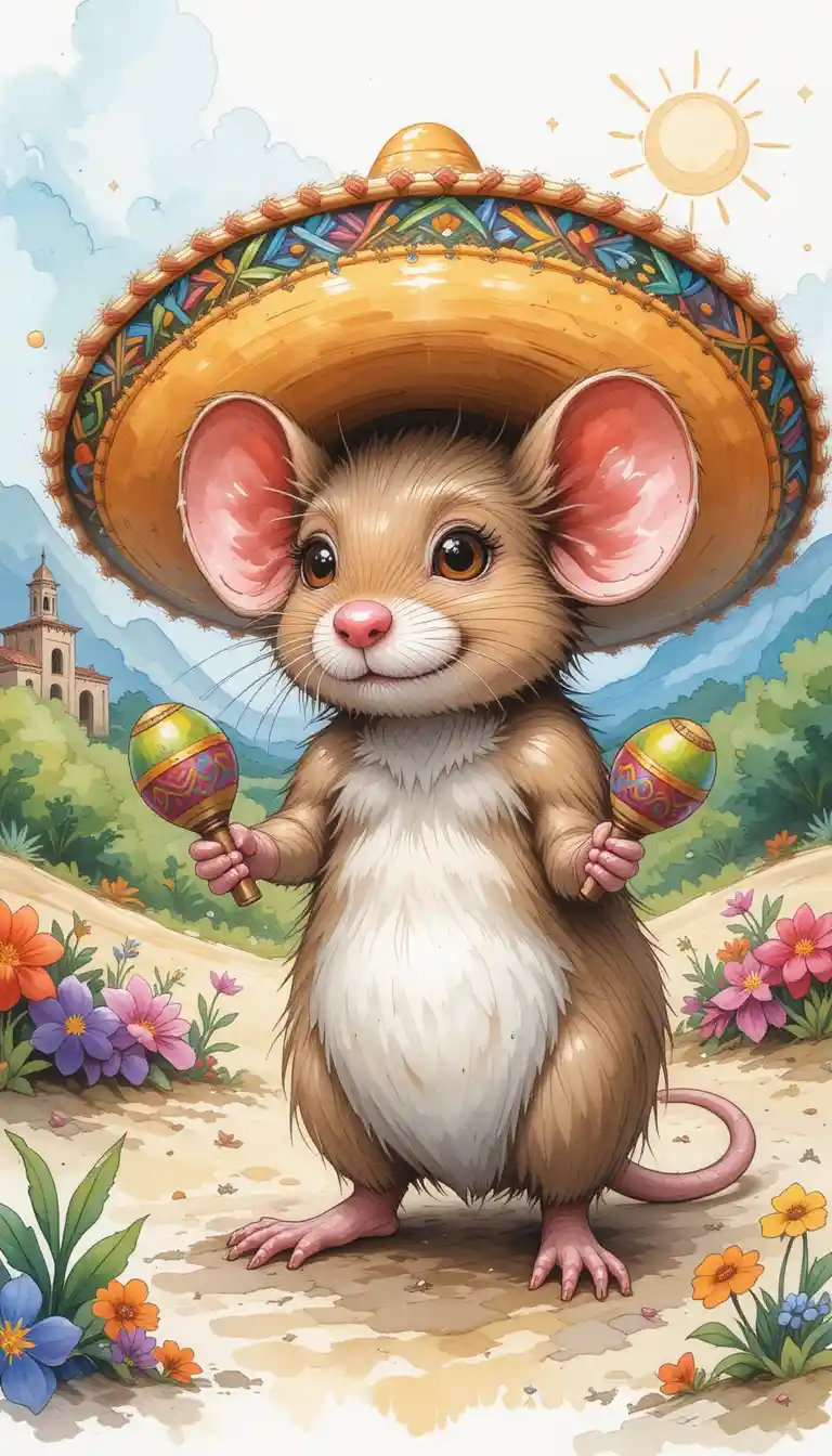 Cute Mouse In Sombrero With Maracas Watercolor Illustration