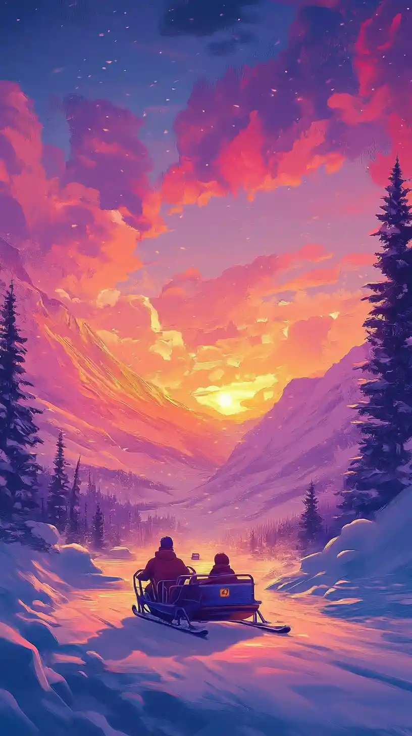 Cute eskimo boy riding his sled to school at sunrise
