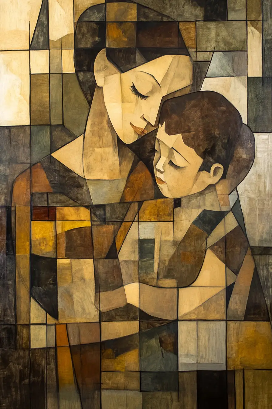 Cubist morning scene of mother and son in bedroom