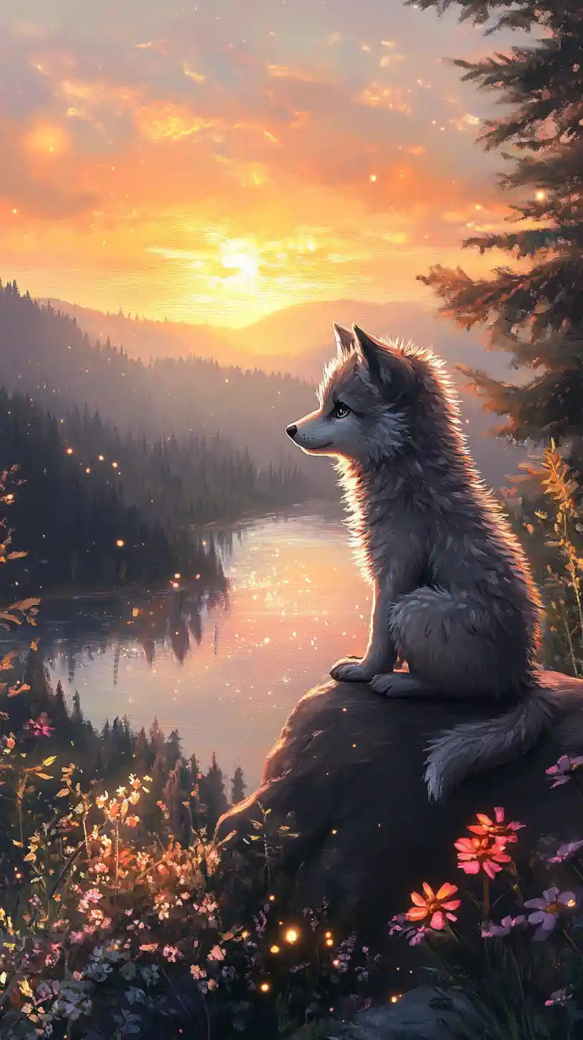 Cute Wolf Cub On Rock Overlooking Forest Lake At Sunset