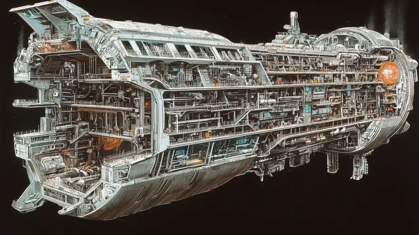 Sección transversal del interior de una nave espacial masiva con cubiertas