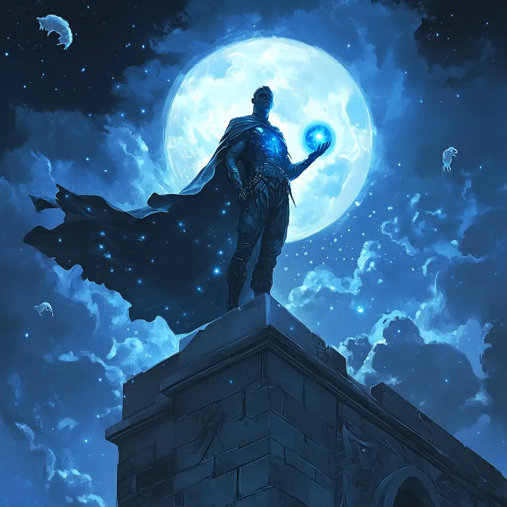 Heroic dream guardian on gothic rooftop under moonlight
