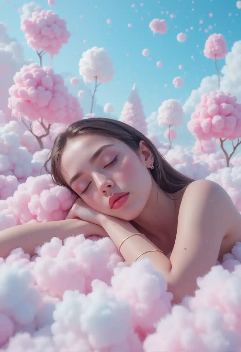 Dreamy fashion woman sleeping on candy cloud