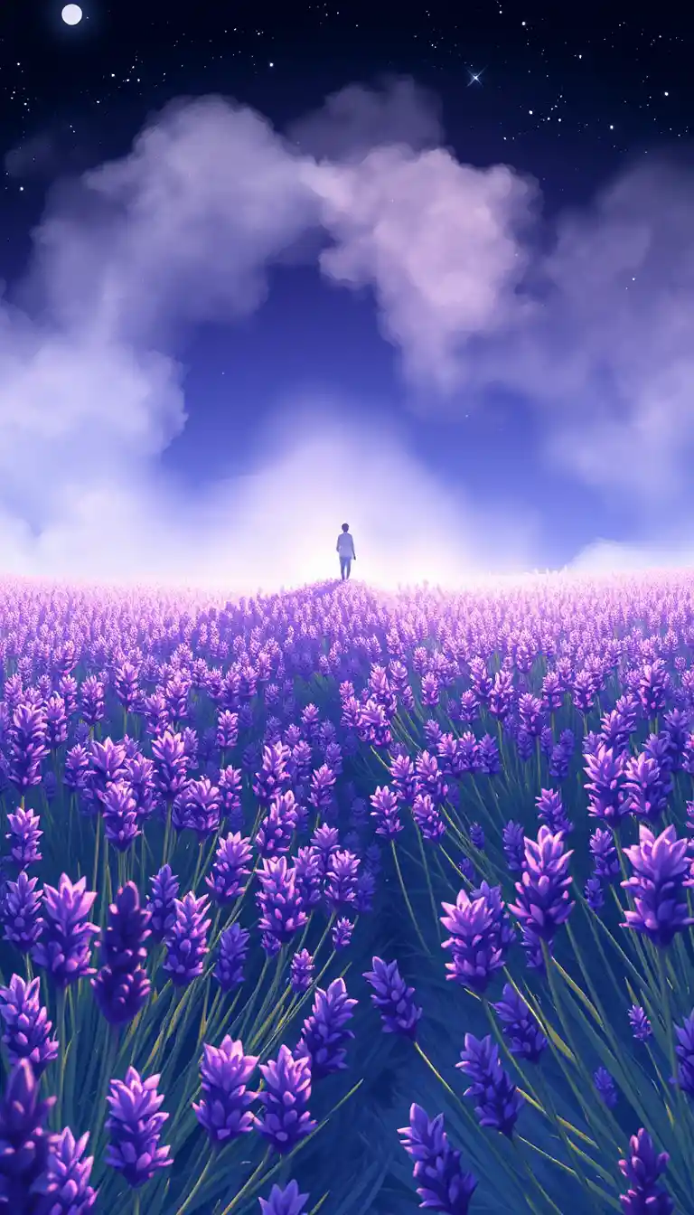 Volpe di fuoco che corre in un campo di lavanda di notte