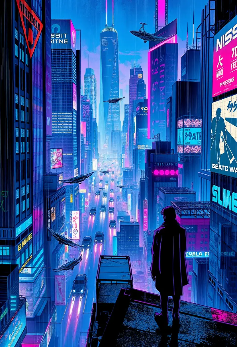 Lone figure overlooking neon cyberpunk city at night