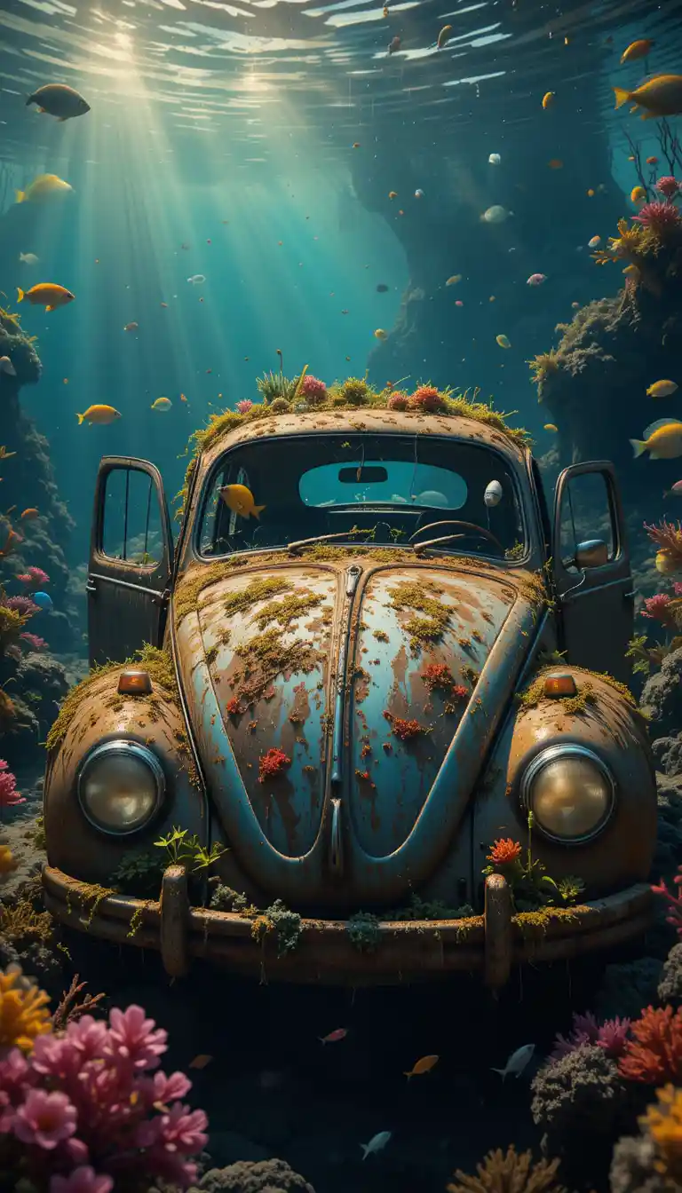 Rusty beetle car in a vibrant underwater fantasy scene