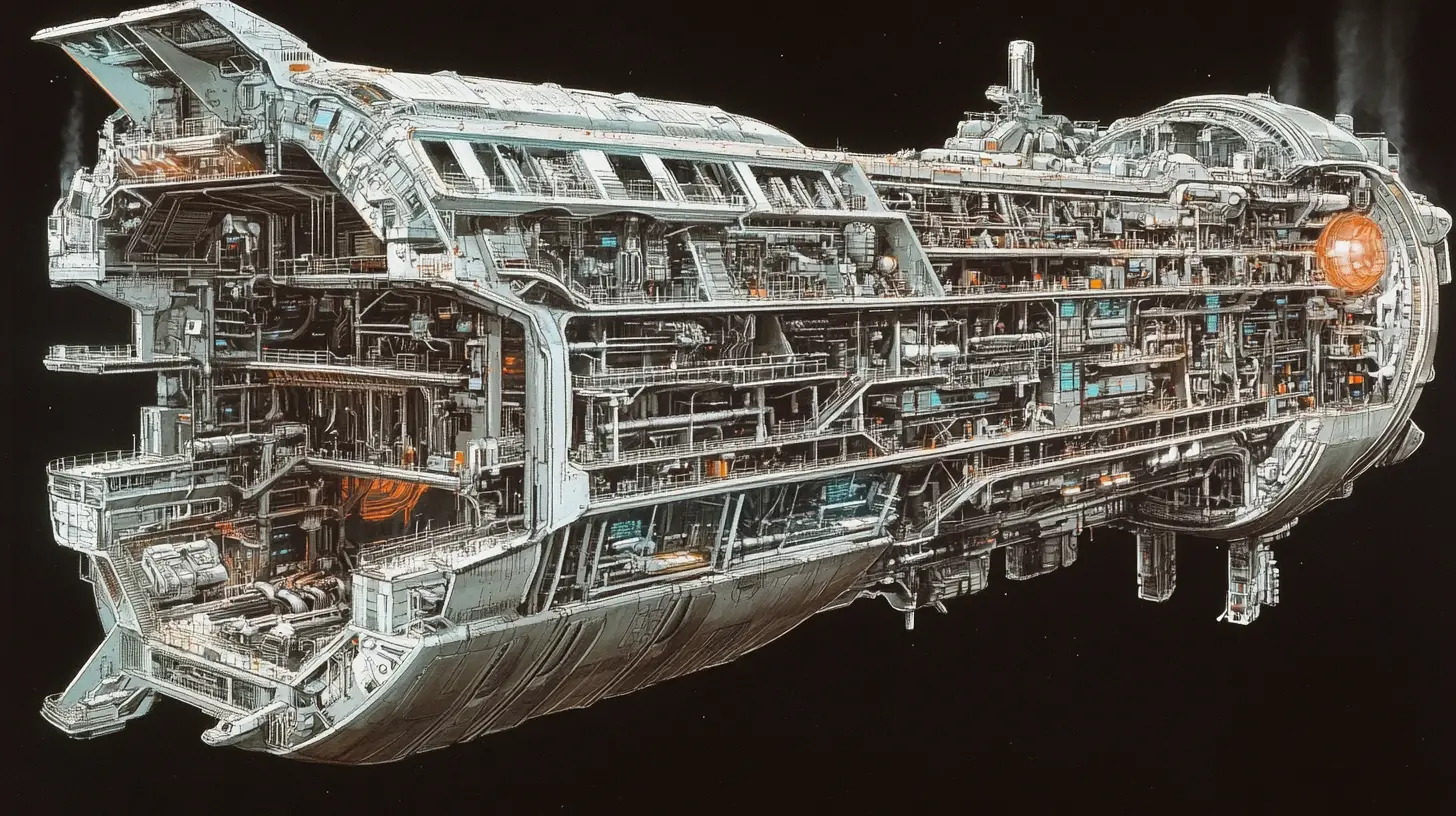 Cross section of a massive spaceship interior with decks