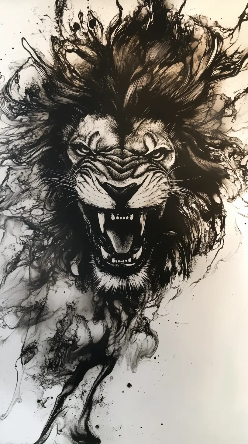Optical illusion lion with dramatic ink art mane