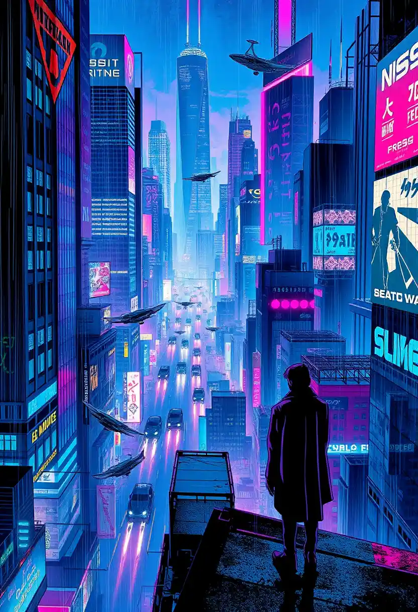 Lone figure overlooking neon cyberpunk city at night