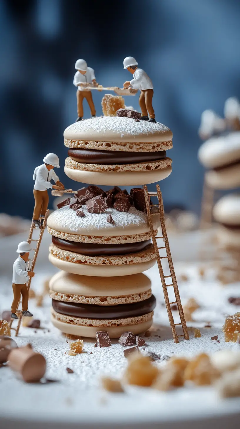 Trabalhadores da construção em miniatura decorando macarons gourmet de chocolate