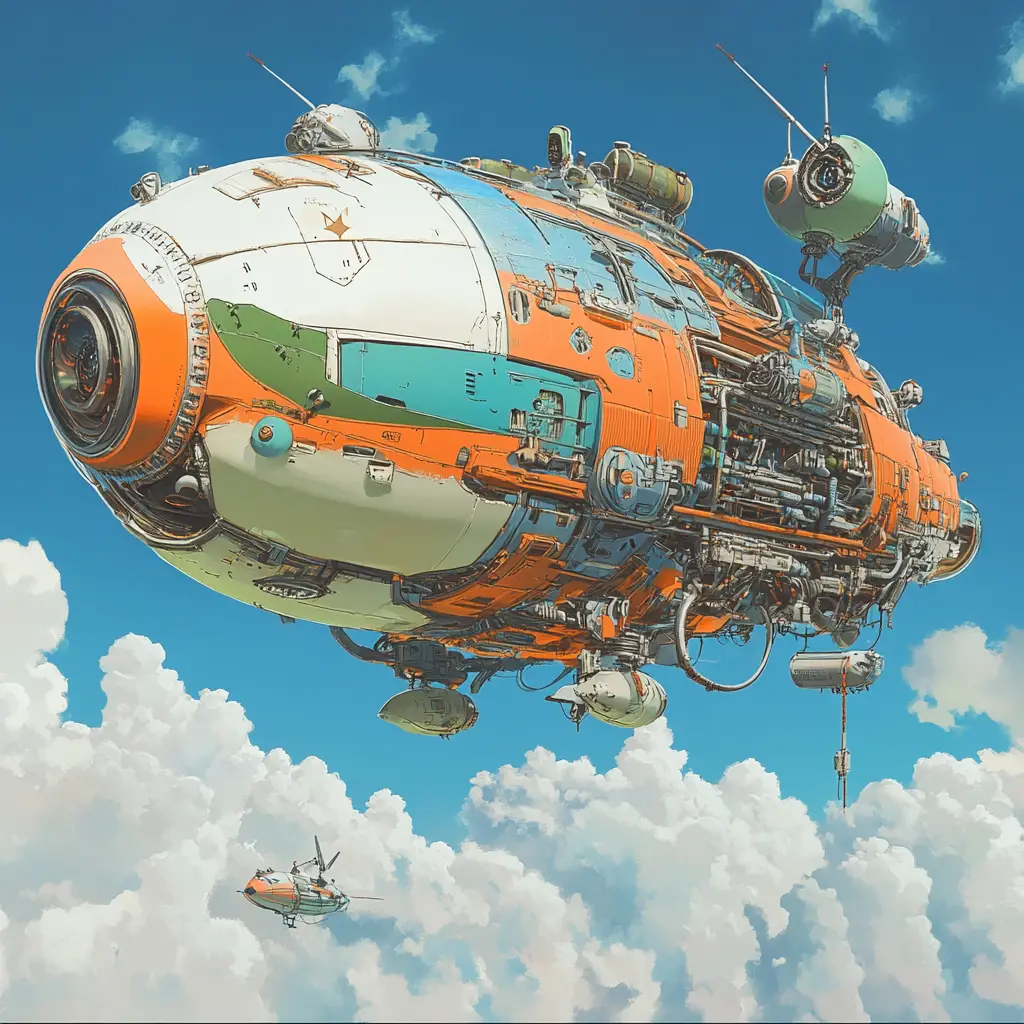 Steampunk airship creature against a clear blue sky