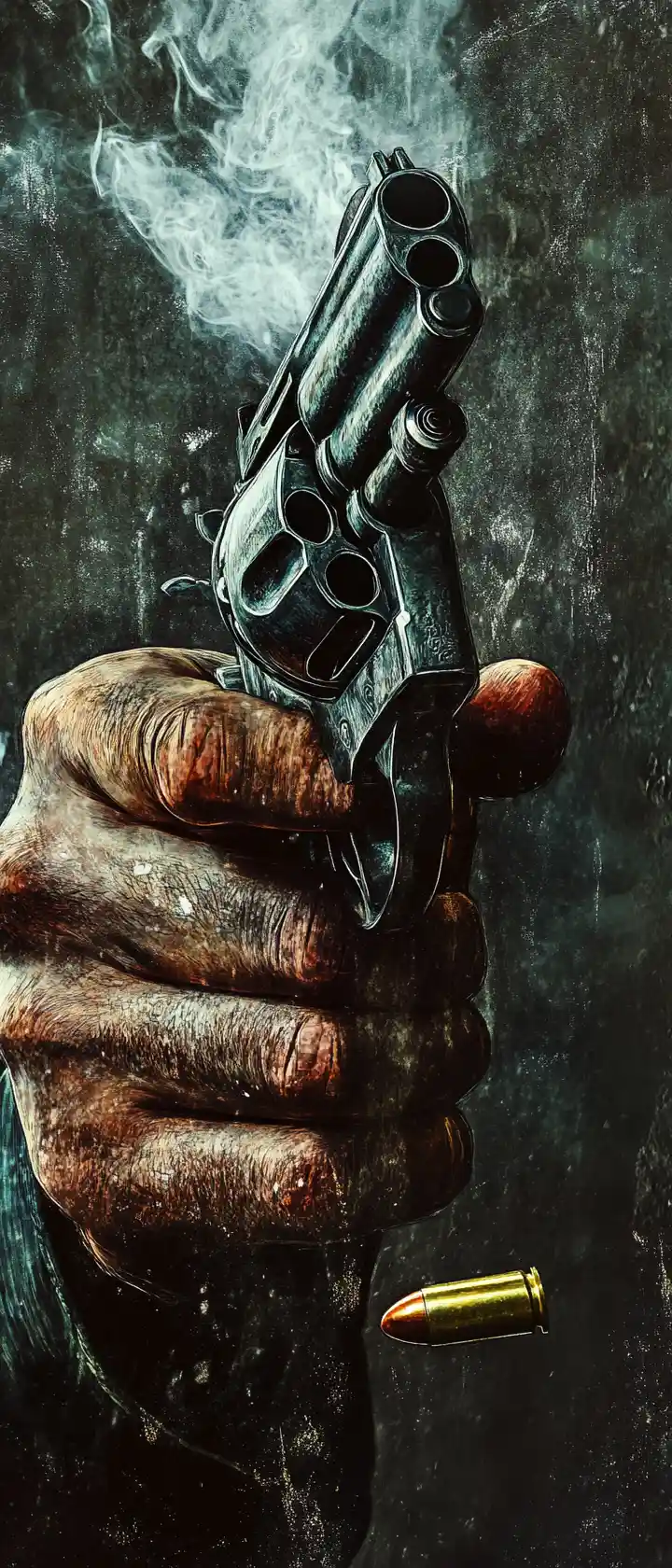 Close up hand holding a smoking revolver in city blur