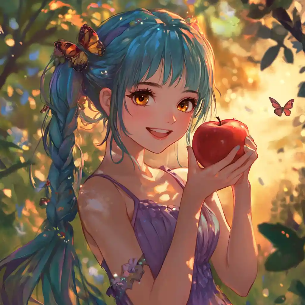 Anime girl with teal pigtails holding a red apple