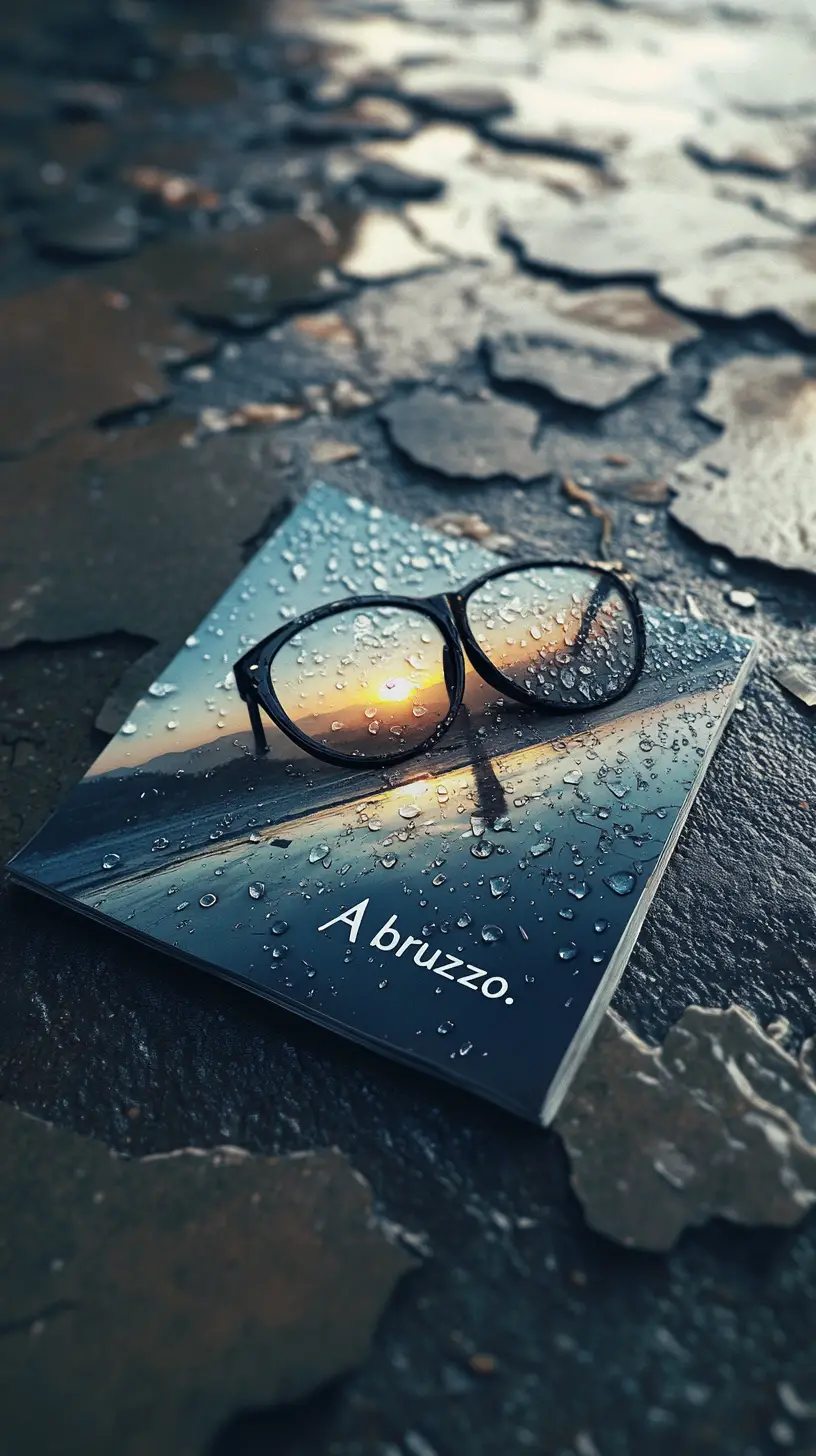 Cinematic photo of a rainy magazine on cracked concrete