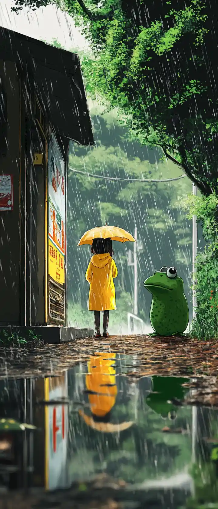Girl In Yellow Raincoat At Quiet Countryside Bus Stop
