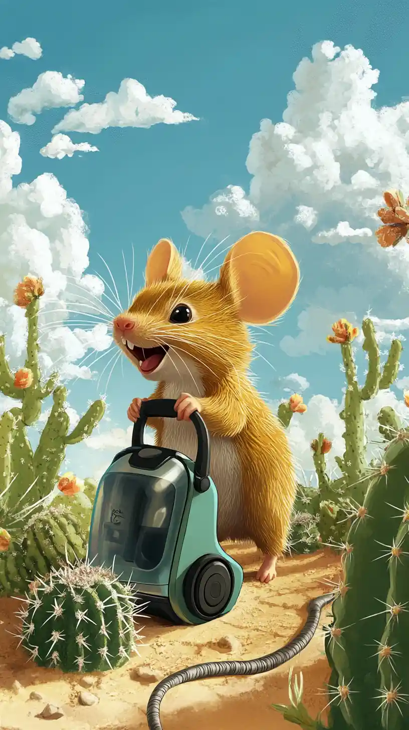 Happy brown mouse vacuuming in a sunny cactus desert