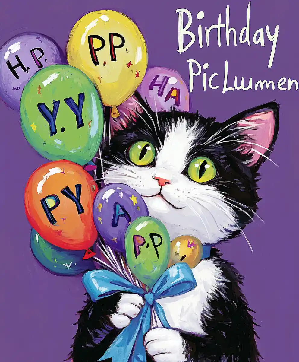 Cartoon black and white cat with happy birthday balloons