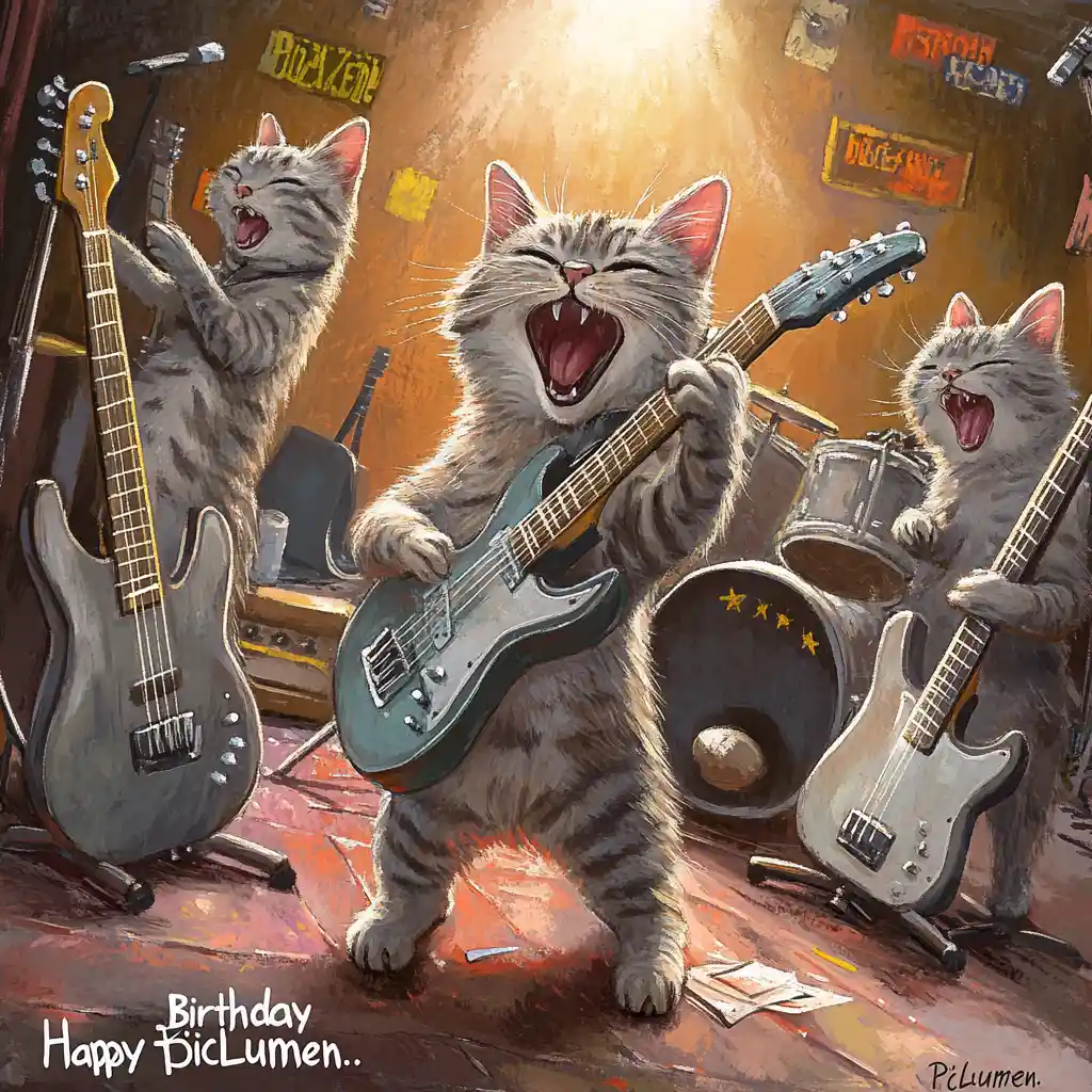 Sei gatti soriani musicali che si esibiscono in uno studio di chitarra