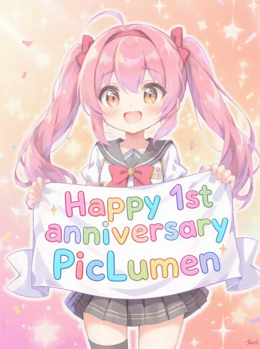 Cute anime girl holding colorful anniversary banner