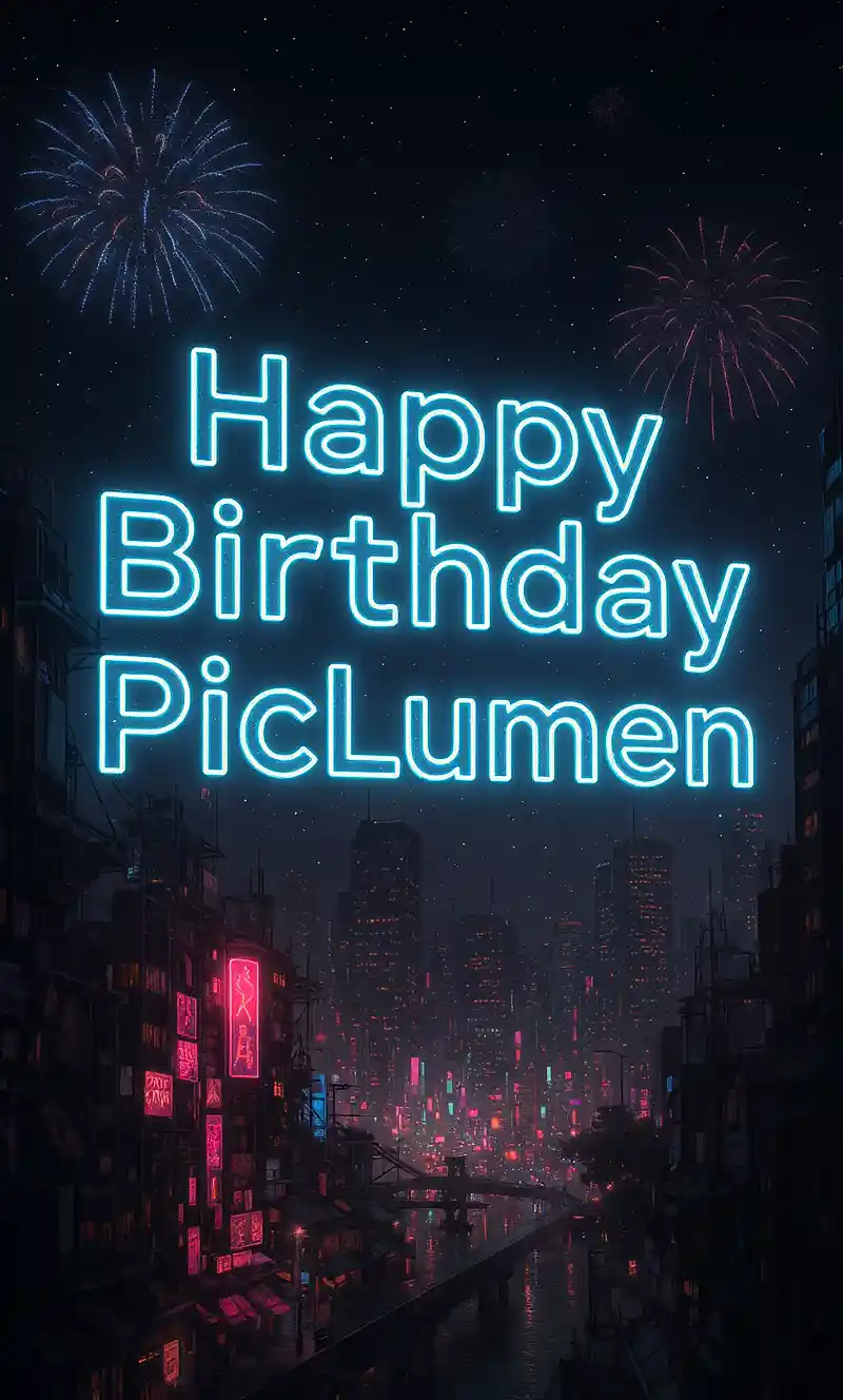 Futuristic neon city skyline with birthday hologram fireworks