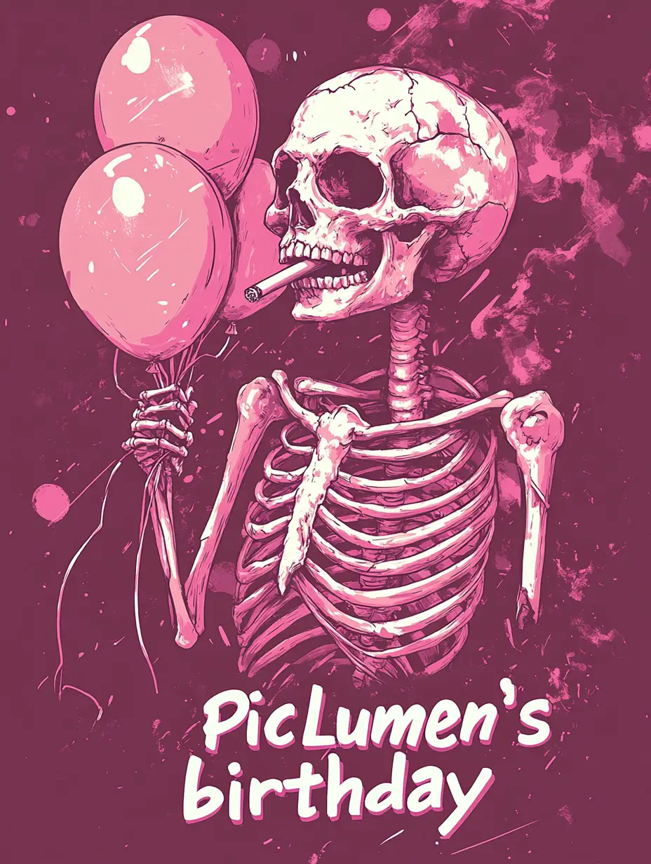 Skeletal figure with balloons celebrating a surreal birthday