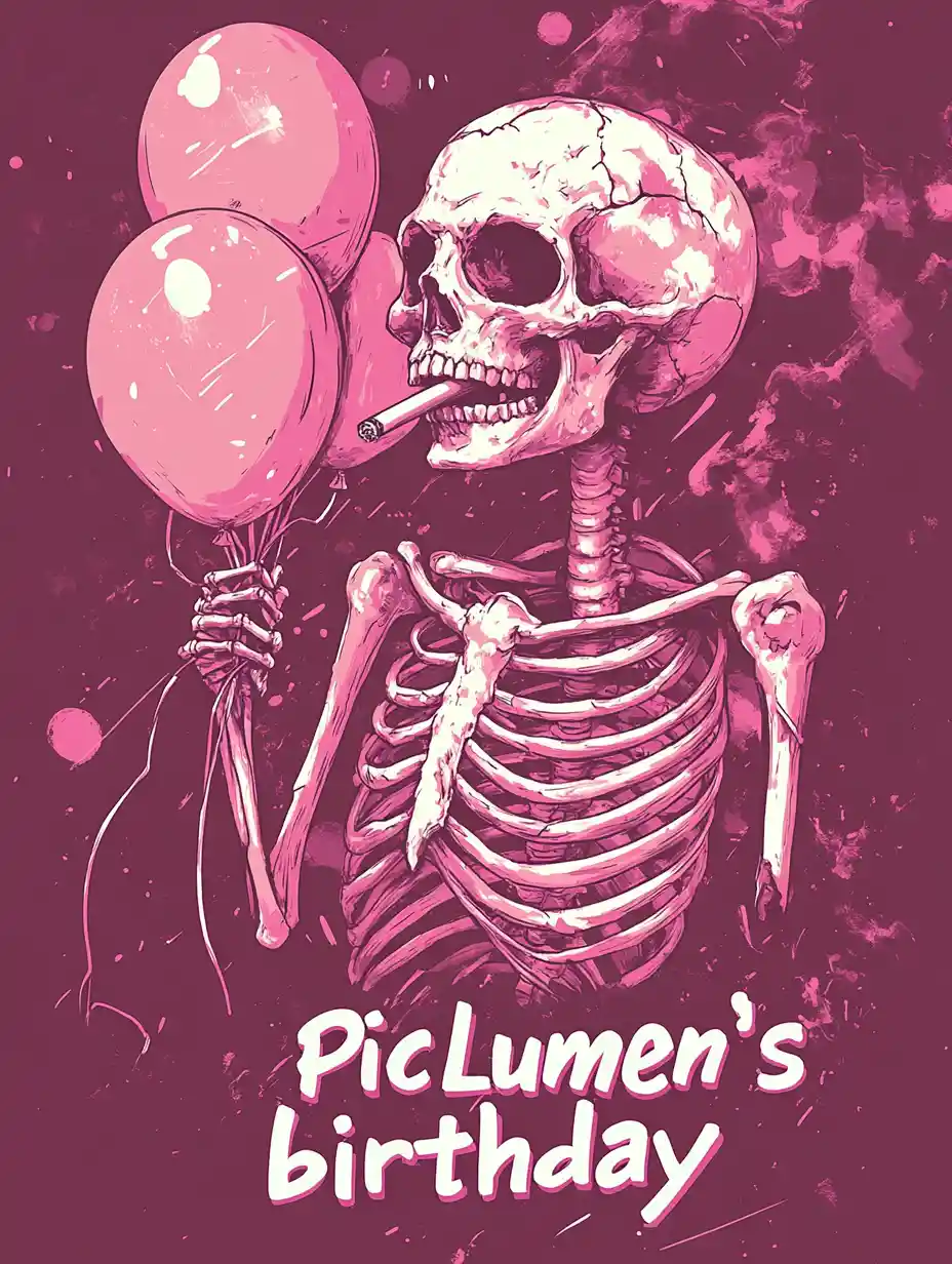 Skeletal figure with balloons celebrating a surreal birthday